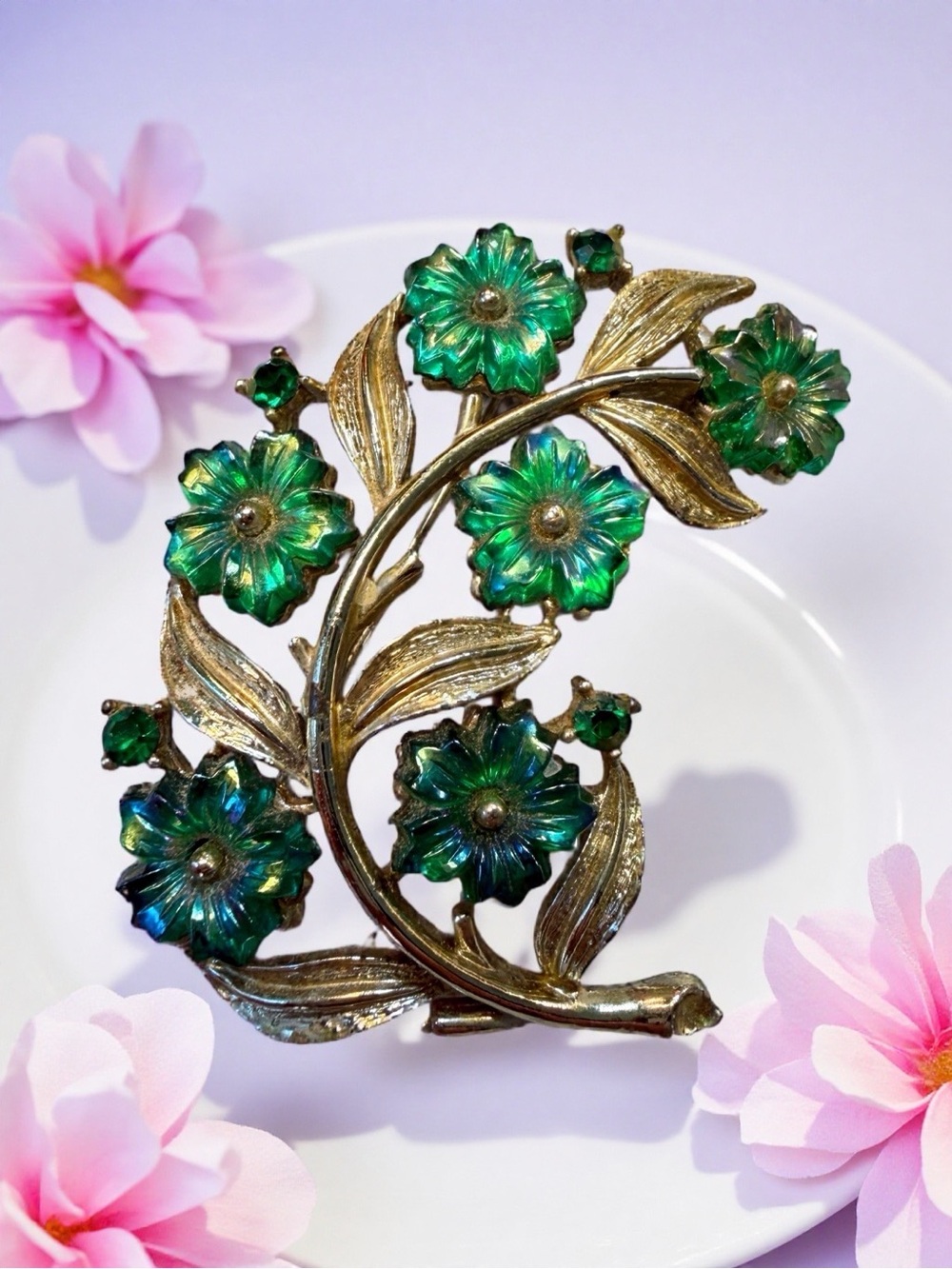 Coro Brooch Pin Teal Green Iridescent Molded Glass Flowers Gold Tone 1960s - Picture 4 of 7